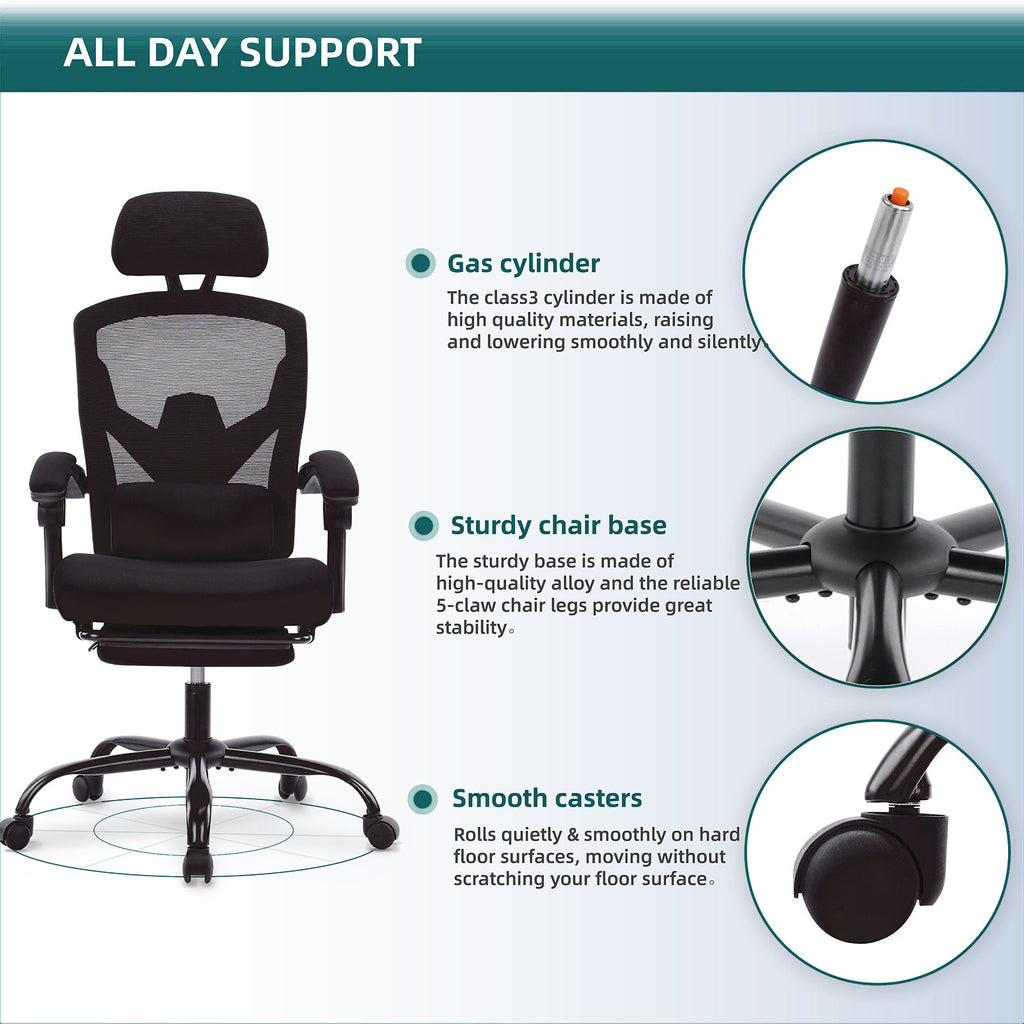 Retractable Footrest Ergonomic Swivel Office Chair With Lumbar Support Pillow And Padded Armrests